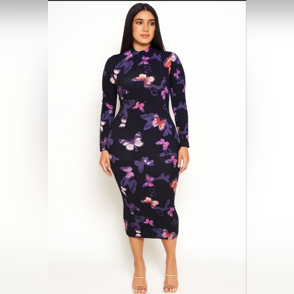 NWOT Popular 21 Long Sleeve Bodycon Black Butterfly Print Dress, Size Medium - Picture 1 of 4